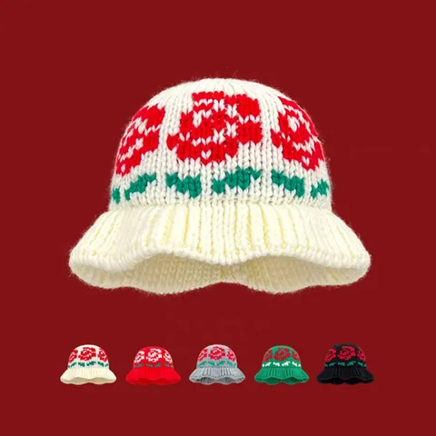 Damen Winter Warm Gestrickter Fischerhut Retro Ethisches Blumenmuster Häkeln Vissershoed Lässig Ohrenschutz Hut