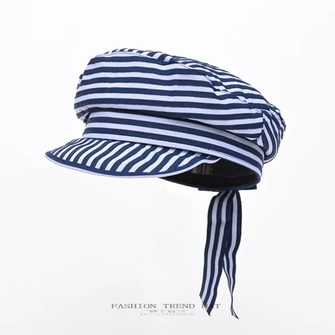 Women's Vintage Sailor Hat Striped Flat Top Beret Casual Ribbon Visor Cap Breathable Sun Protection Fashion Hat Accessories