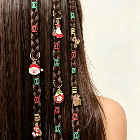 Christmas Braid Jewelry Dreadlock Rings Santa Claus Tree Candy Cane Charms Alloy Enamel Hair Accessories Festive Party