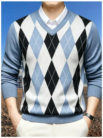 Men Retro Argyle V-Neck Sweater Jacquard Knit Pullover Long Sleeve Fashion Color Block Top Spring Autumn Knitwear