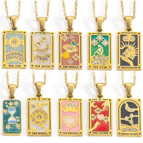 Vintage Tarot Card Pendant Necklace Gold 304 Stainless Steel Rhinestone Sun Moon Star The World Aesthetic Jewelry For Women Men