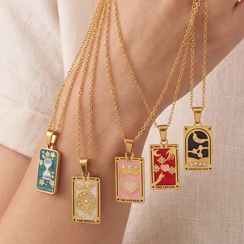 Vintage Tarot Card Pendant Necklace Gold 304 Stainless Steel Rhinestone Sun Moon Star The World Aesthetic Jewelry For Women Men