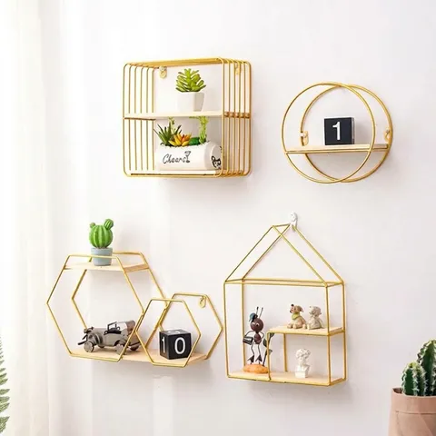Nordic Iron Wall Mounted Shelf Geometric Gold Black Metal Storage Rack For Living Room Bedroom Floating Shelf Home Decor