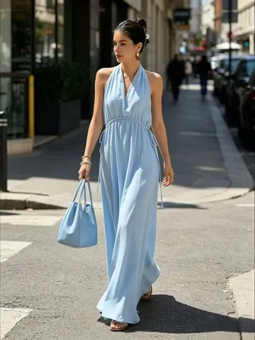 Damen Elegant Halterneck Tiefer V Ausschnitt Kleid Einfarbig Kordelzug Hohe Taille A Linie Ärmellos Urlaubsstil Langes Maxi Kleid