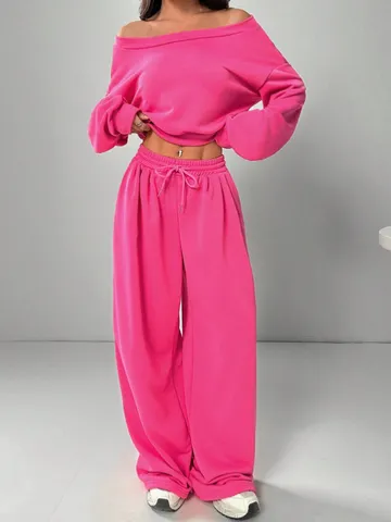 Women Elegant Solid Color Off Shoulder Slash Neck Crop Top And Wide Leg Pants Set Casual Knitting Long Sleeve Outfits