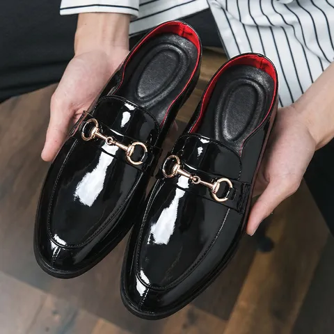 Men's Casual Patent Leather Backless Loafers Metal Horsebit Mules Closed Toe Slip On Summer Flat Shoes