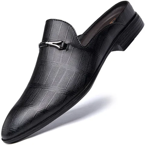 Men Casual Top Layer Cowhide Closed Toe Half Slippers British Style Breathable Summer Backless Mules Leather Shoes