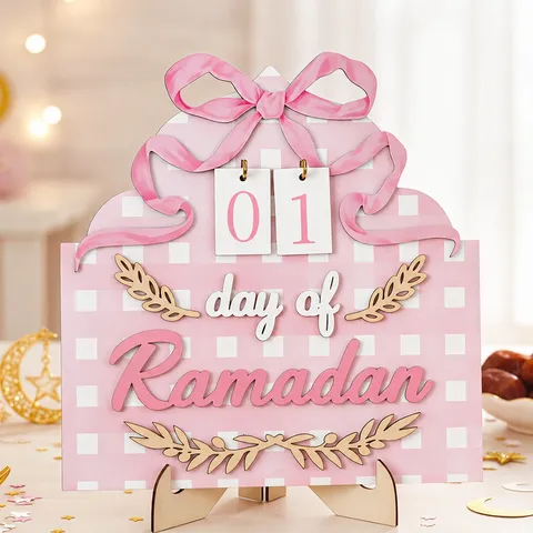 Calendario del Countdown del Ramadan in Legno Supporto da Tavolo con Fiocco Rosa Ornamento Decorativo per Scrivania