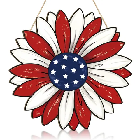 Cartello Sposeso in Legno Girasole Giorno dell'Indipendenza Targhetta da Parete Patriottica Rustica Decorazione per Porta d'Ingresso