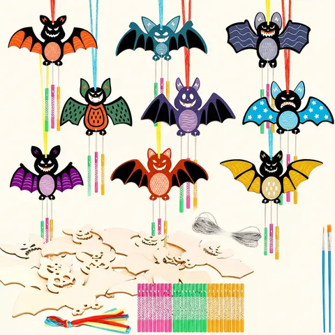 Kit Campanello a Vento Pipistrello in Legno DIY per Bambini di Halloween Ornament Sospeso Non Dipinto Festa Decorazione Casa