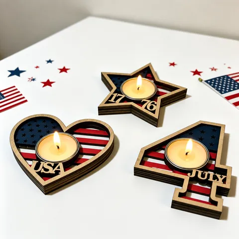 Giorno dell'Indipendenza Americana Portacandele in Legno Cuore Stella Numero Centrotavola Decorazione per Festa Patriottica