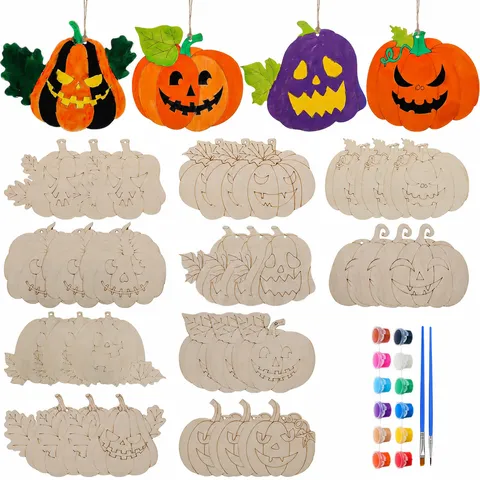 Decorazione di Zucca in Legno Fette di Legno Grezzo Kit di Pittura Fai da Te Con Pigmenti E Pennelli Per Festa di Halloween