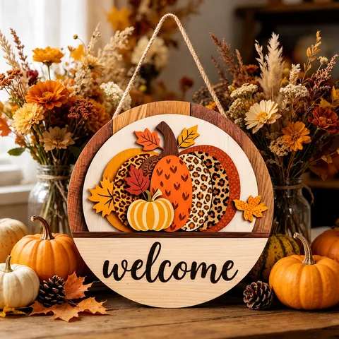 Cartello in Legno di Zucca del Ringraziamento Decorazione Murale Sospesa Foglia d'Acero Autunnale Targhetta per Porta Rustica