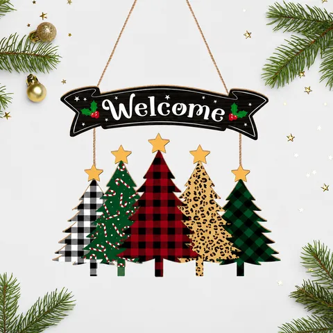 Targa Sospesa per Porta di Natale in Legno Benvenuti Buon Natale Motivo Scozzese Leopardato Decorazione da Parete per Feste a Casa