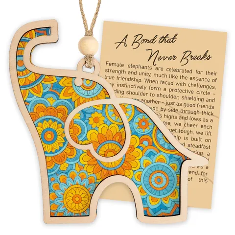 Ornamento Sospeso in Legno Elefante Motivo Mandala Regalo Artigianato in Legno Con Scheda di Storia di Amicizia Decorazione per la Casa