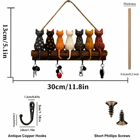 Portachiavi Gatto In Legno Supporto Da Parete Sospeso Decorazione Murale Animale Creativa Per Corridoio Ingresso