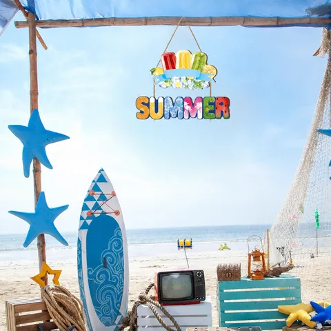 Cartello Sospeso di Benvenuto per Festa in Spiaggia Estiva in Legno Decorazione Murale Gelato Fenicottero Tropicale per Porta di Casa Giardino