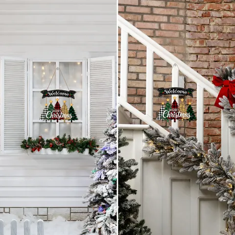 Targa Sospesa per Porta di Natale in Legno Benvenuti Buon Natale Motivo Scozzese Leopardato Decorazione da Parete per Feste a Casa