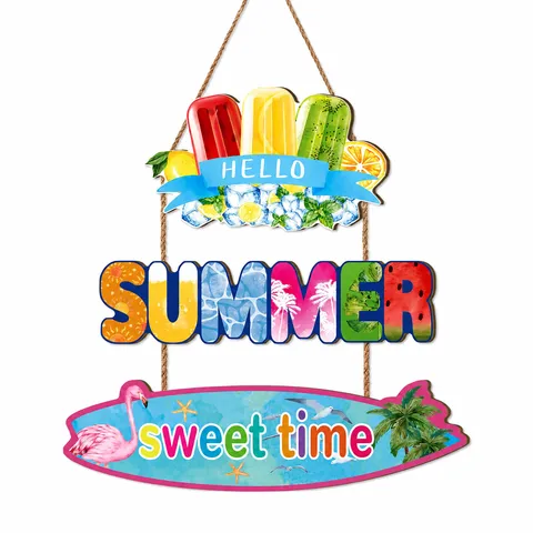 Cartello Sospeso di Benvenuto per Festa in Spiaggia Estiva in Legno Decorazione Murale Gelato Fenicottero Tropicale per Porta di Casa Giardino