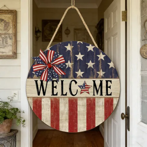 Insegna Sospesa di Benvenuto in Legno Decorazione Murale per il Giorno dell'Indipendenza Insegna Rotonda in Legno per Porta con Fiocco e Motivo a Bandiera Americana