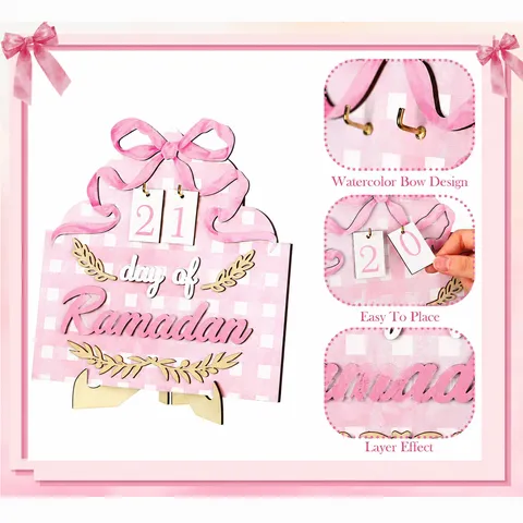 Calendario del Countdown del Ramadan in Legno Supporto da Tavolo con Fiocco Rosa Ornamento Decorativo per Scrivania