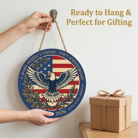 Cartello Sospeso in Legno per il Giorno dell'Indipendenza Bandiera Aquila Americana Targhetta Commemorativa del 250° Anniversario Decorazione Murale Rustica
