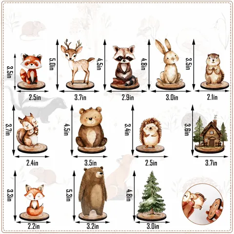 Ornamenti da Tavolo in Legno Animali della Foresta Set Decorazione Animali Selvatici Con Miniatura di Albero Festa