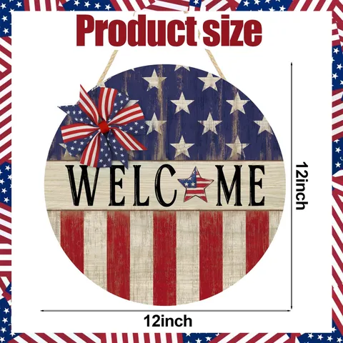 Insegna Sospesa di Benvenuto in Legno Decorazione Murale per il Giorno dell'Indipendenza Insegna Rotonda in Legno per Porta con Fiocco e Motivo a Bandiera Americana