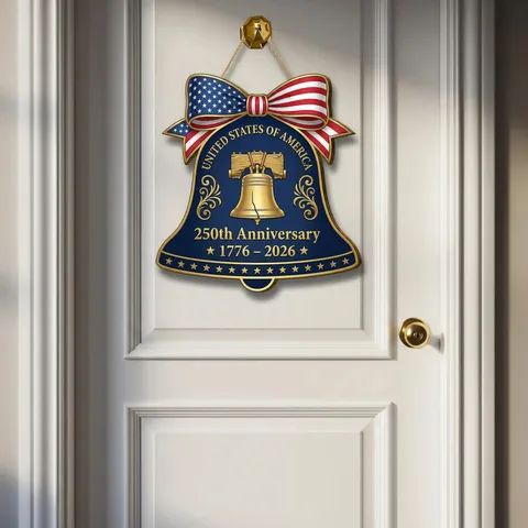Cartello Sospeso in Legno del Giorno dell'Indipendenza Americana Campana della Libertà Patriottica Segno della Porta Con Fiocco Decorazione Murale