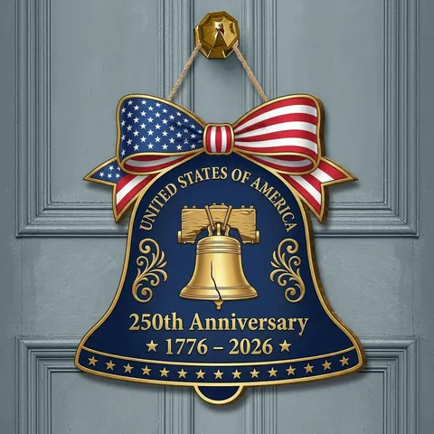Cartello Sospeso in Legno del Giorno dell'Indipendenza Americana Campana della Libertà Patriottica Segno della Porta Con Fiocco Decorazione Murale