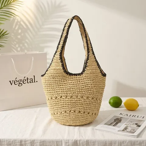 Handgewebte Papier Stroh Tote Bag Große Kapazität Lässige Eimer Umhängetasche Für Damen Sommer Strand Urlaub Reise Handtasche