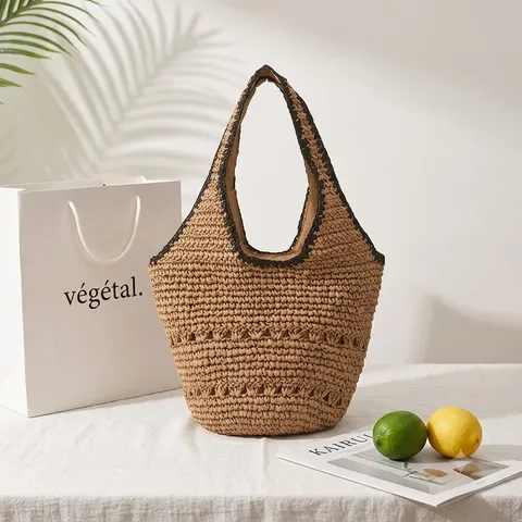 Handgewebte Papier Stroh Tote Bag Große Kapazität Lässige Eimer Umhängetasche Für Damen Sommer Strand Urlaub Reise Handtasche