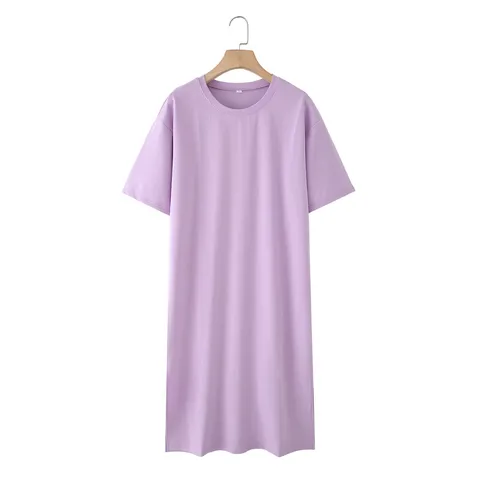 Women Casual Polyester Slit Dress Elegant Round Neck Short Sleeve T-Shirt Maxi Dress For Everyday Wear Lady
