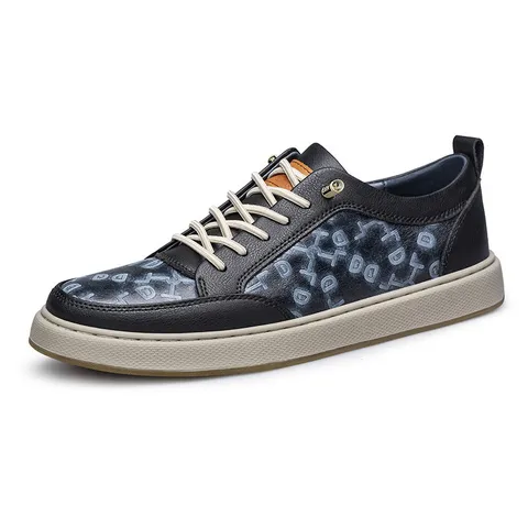 Men's Casual Skate Shoes Cowhide Leather Upper Low Top Lace Up Fashion Sneakers Letter Print Comfortable Walking Shoes