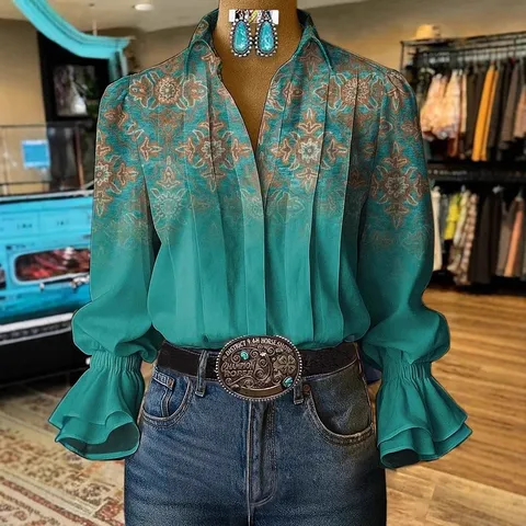 Chemise à Manches Évasées pour Femmes avec Impression Numérique 3D Blouse en Mélange de Rami Lin Tencel Top Décontracté