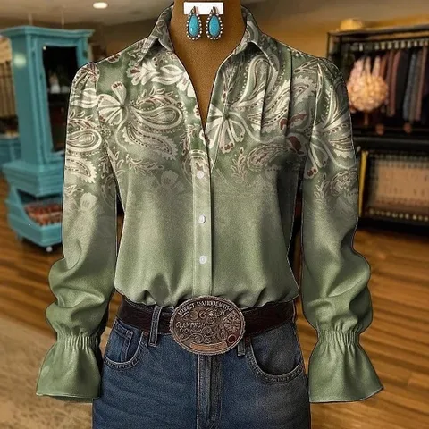 Damen Langarm Glockenärmel Hemd 3D Digitaldruck Tencel Polyester Revers Vintage Blumen Paisley Lässig Button Up Top
