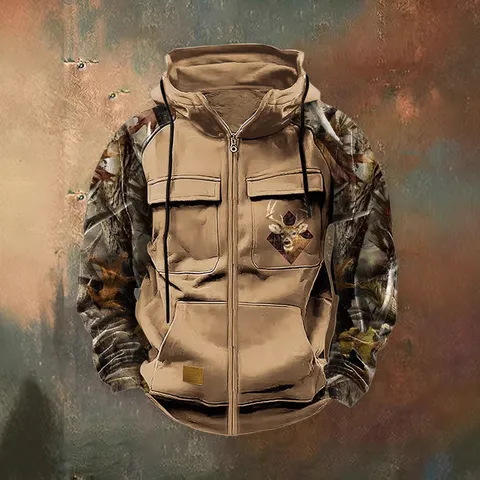 Sudadera con Capucha Vintage de Bloques de Color para Hombre Cremallera Bolsillos Cargo Estampado Camuflaje Deporte Casual Invierno