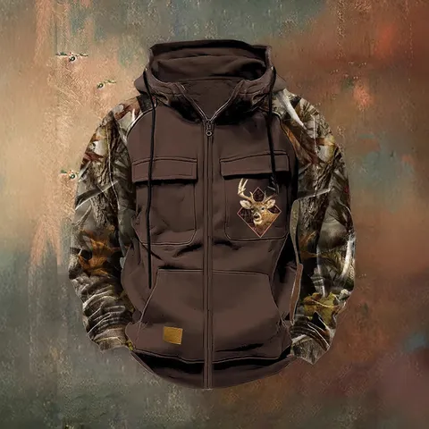 Sudadera con Capucha Vintage de Bloques de Color para Hombre Cremallera Bolsillos Cargo Estampado Camuflaje Deporte Casual Invierno