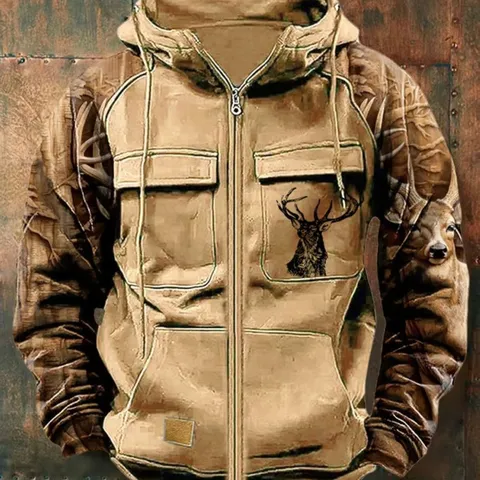 Sweat à Capuche Vintage Homme Patchwork Multi-Poches Workwear Sweat Zippé Imprimé Camouflage Cerf Forêt Haut Chaud Doublé Polaire
