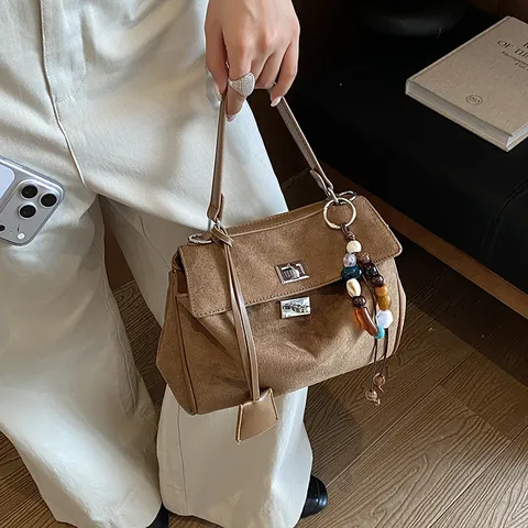 Bolso de Mano de Ante para Mujer Bolsa Tote de Gran Capacidad Casual Color Sólido Bolso de Hombro Bandolera