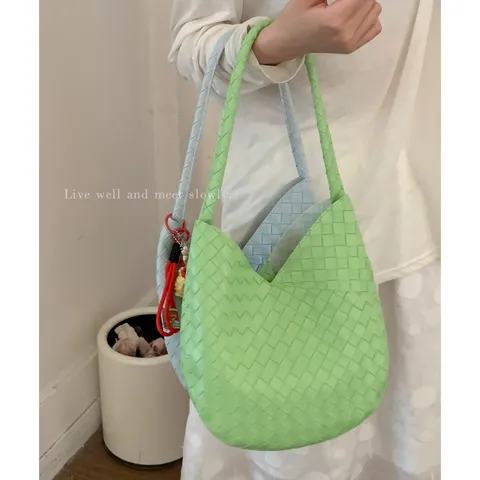 Bolso de Hombro Tejido de Gran Capacidad de Verano para Mujer Moda Casual Cuero PU Color Sólido Bolso Cubo Bolso de Mano