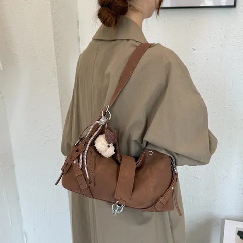 Damen Vintage PU Leder Unterarmtasche 2026 Mode Kleine Quadratische Schulter Umhängetasche Mit Teddybär Anhänger Einfache Ziernaht Hobo Tasche