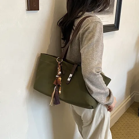 Bolso Tote de Lona de Gran Capacidad Retro Mujer Casual Viajero Bolso de Hombro Vintage Cuero PU Cierre Bolso de Mano Con Colgante