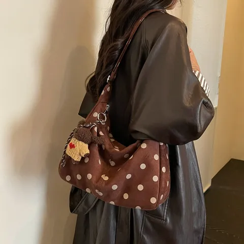 Mujer Retro Ante Bolso Tote Gran Capacidad Lunares Bolso de Hombro Casual Suave Bolso Bandolera Con Colgante de Oso