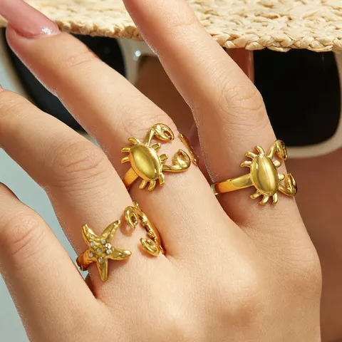Stainless Steel Starfish Crab Open Ring For Women Rhinestone Sea Animal Ocean Theme Beach Adjustable Finger Jewelry Gift