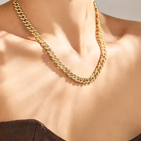 Stainless Steel Gold Plated Zirconia Cuban Chain Jewelry Set Minimalist Niche Choker Necklace And Bracelet For Women Jewelry Gift
