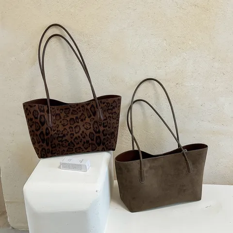 Bolso de Hombro de Gamuza Vintage para Mujer Gran Capacidad Bolso de Hombro Minimalista Con Estampado de Leopardo Bolso Retro Diario