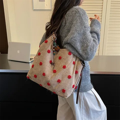 Bolso Tote de Gamuza Vintage con Lunares y Estampado de Leopardo para Mujer Bolso de Hombro Retro Elegante de Gran Capacidad
