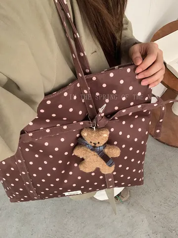 Bolso Tote de Lona de Lunares para Mujer Gran Capacidad Urbano Minimalista Casual Bolso de Hombro Con Colgante de Oso