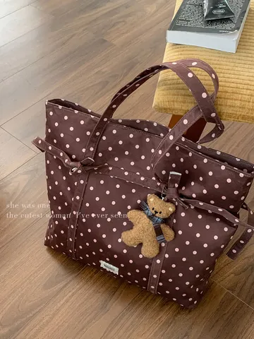 Bolso Tote de Lona de Lunares para Mujer Gran Capacidad Urbano Minimalista Casual Bolso de Hombro Con Colgante de Oso